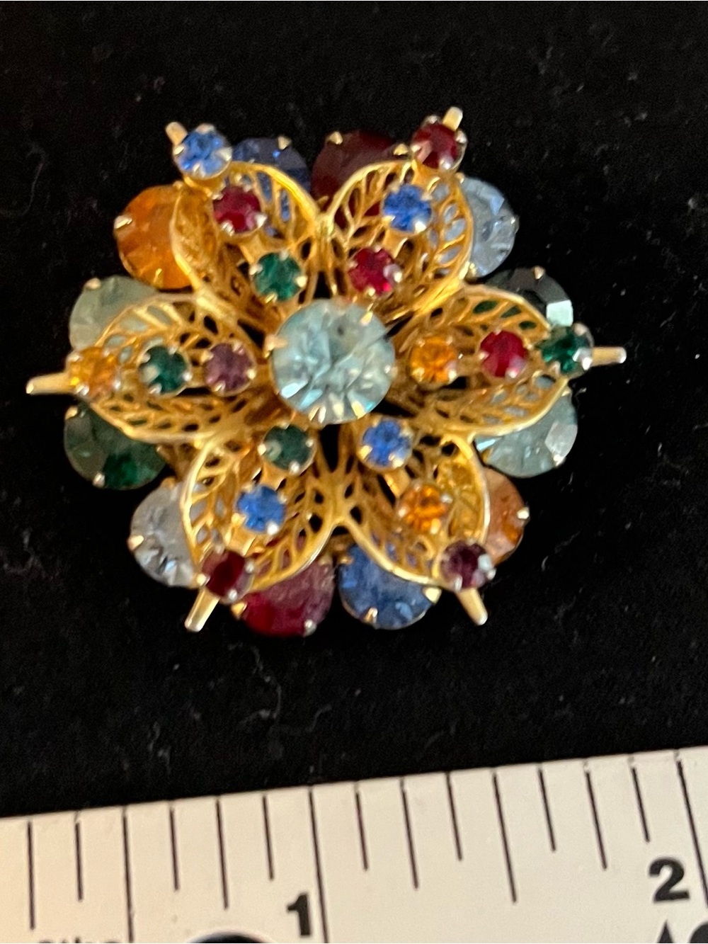 Old Vintage Multicolor Crystal Floral Brooch - Gold Tone - Picture 2 of 3